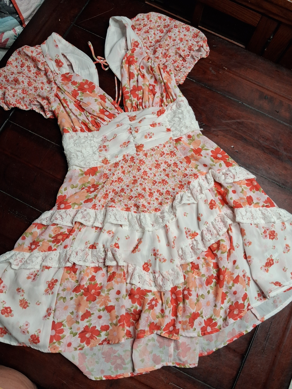 Altar'd State Coral and White Floral Tiered Midi Dress